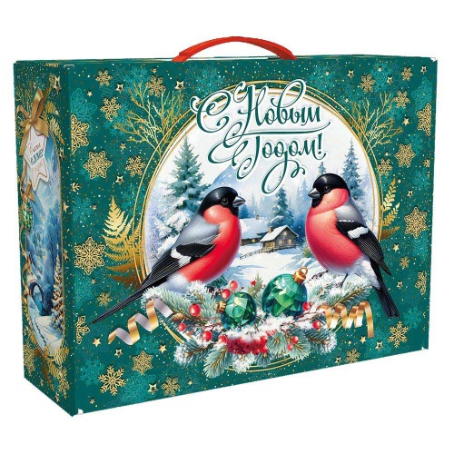 Подарок с конфетами «Чемодан Снегири» 800г Премиум